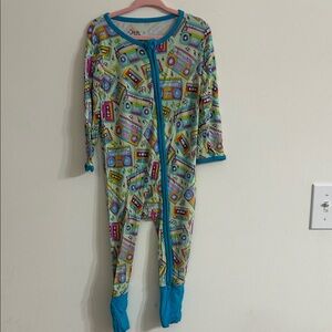 Children's Retro Cassette Footed One-Piece Pajamas - Aqua Multi Bamboo